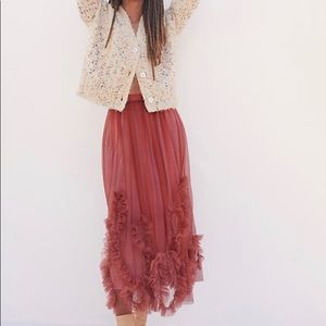 Anthropologie Ruffled Tulle Midi Skirt in Pink